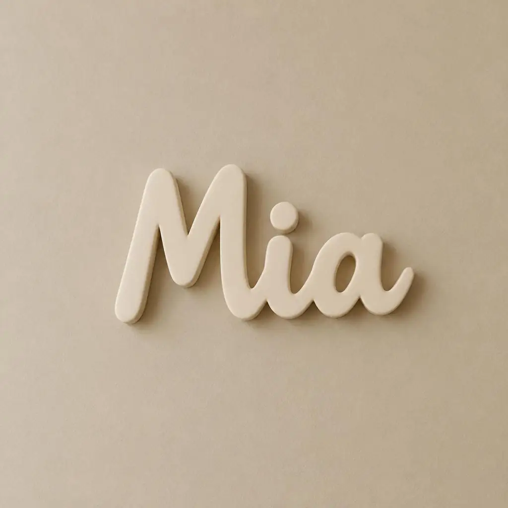 Cream script name sign reading Mia on a beige wall