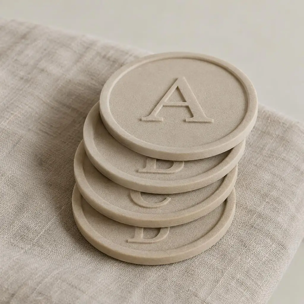 Stack of four sand-coloured monogram coasters