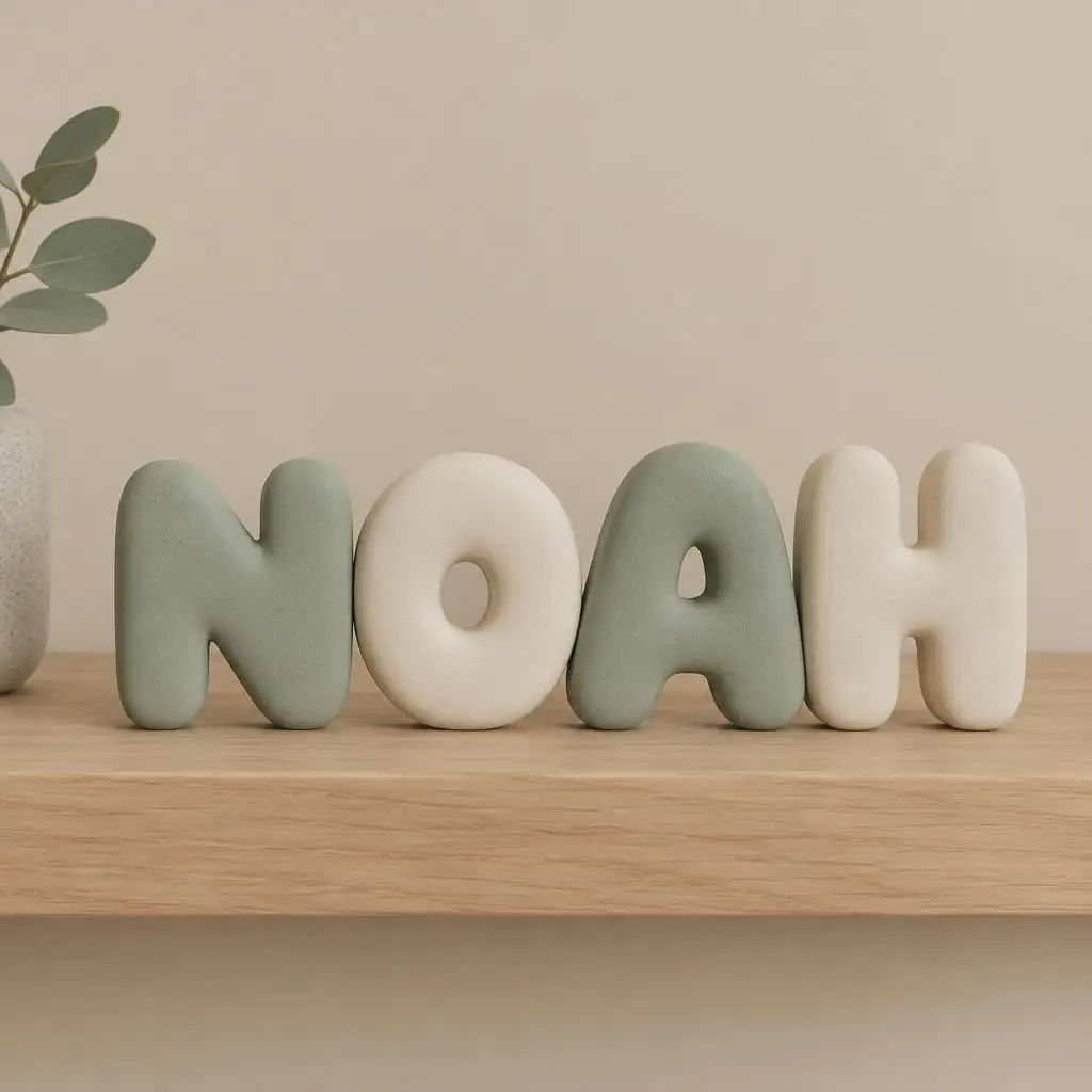 Sage and cream bubble letters spelling Noah on a shelf